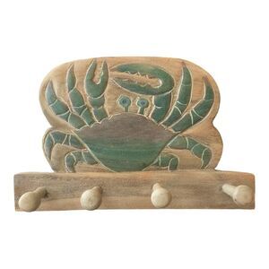 Blue Crab Whitewashed Carved Wood Hooks 12 Inch Wall Plaque